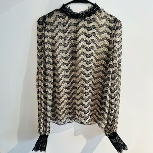 The Kooples Sheer Black and White Graphic Long Sleeve Blouse